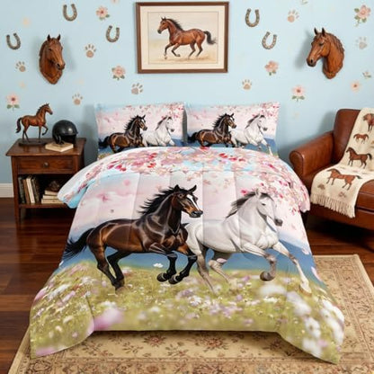 HOSIMA Horse Twin Comforter for Girls Western Bedding with 2 Pillowcases.