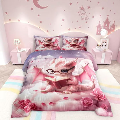 Kawaii Dragon Comforter Set Full Size for Kids Western Magical Animal Bedding Sets All Season Pink Rose Flower Castle Quilt Set Bedroom Decor Dreamy Gradient Sky Down Comforter,3Pcs