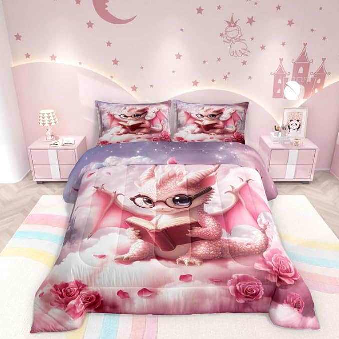 Kawaii Dragon Comforter Set King Size for Kids Western Magical Animal Bedding Sets All Season Pink Rose Flower Castle Quilt Set Bedroom Decor Dreamy Gradient Sky Down Comforter,3Pcs