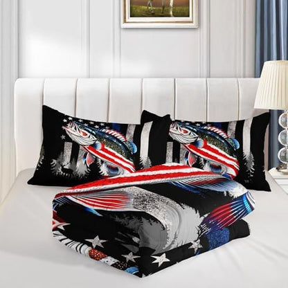 HOSIMA Soft Microfiber Black Queen Comforter Set with 2 Pillowcases,American Flag Striped Bass Pattern Bedding Sets,Fishing Comforter Kids Men Boys Room Decor,Bed in a Bag Queen Size for Teens.