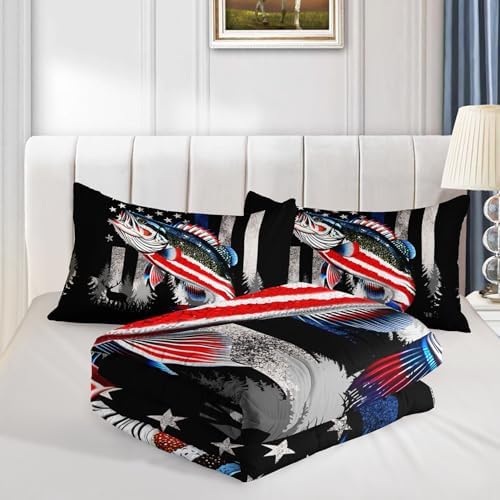 HOSIMA Soft Microfiber Black King Size Comforter Set with 2 Pillowcases,American Flag Striped Bass Pattern Bedding Sets,Fishing Comforter Kids Men Boys Room Decor,Room Essentials for Men.