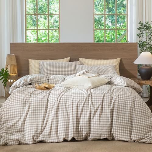 MooMee Gingham Duvet Cover Set 100% Washed Cotton Linen Like