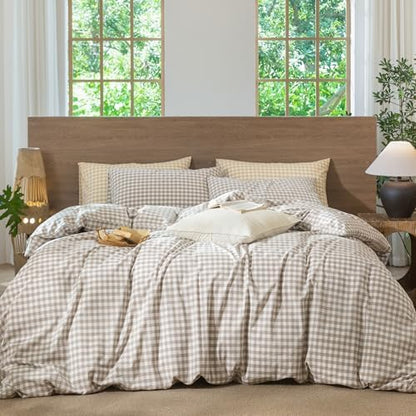 MooMee Gingham Duvet Cover Set 100% Washed Cotton Linen Like