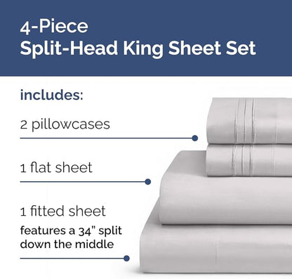 Flex Top Split Head King 4 Piece Sheet Set - Comfy Breathable & Cooling Bed Sheets Set - Hotel Luxury Bedding for Women, Men, Kids, Teens, Boys & Girls - Deep Pockets, Soft and Oeko-Tex - Light Grey