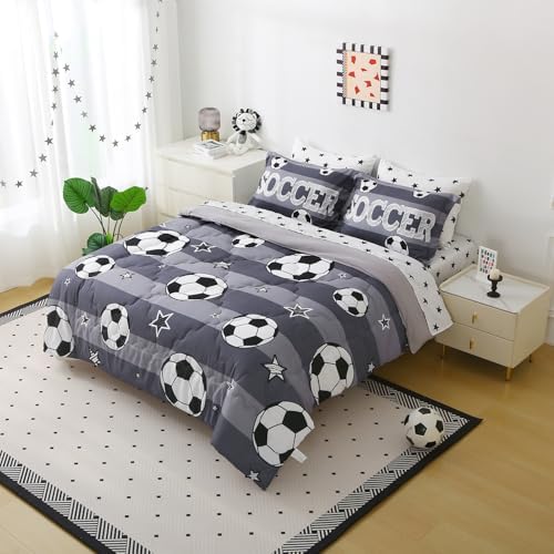 Boys Sports 7 Piece Soccer Comforter Set Twin Size 3D Football Playground Bedding Set for Kids Bed Set Gray(Comforter,Flat Sheet,Fitted Sheet and Pillow Sham)