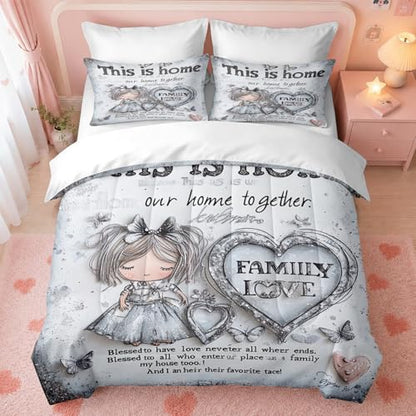 CCoutueChen Kids Full Size Princess Bedding Set, Silver Glitter Girl Butterfly Hearts Comforter Set, 3 Pieces Soft Fluffy Microfiber Shabby Chic Bed Sets with 2 Pillowcases, 79"x90"