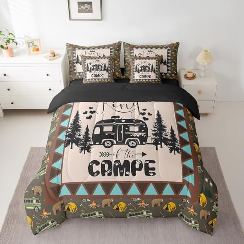 Erosebridal Camping 7 Piece Bedding Set Twin for Teens Adult Camper Bedding,Rustic Farmhouse Style Comforter Set Bed in a Bag Happy Camping Black Sketch Drawing Duvet Insert Travel Car Sheet Set