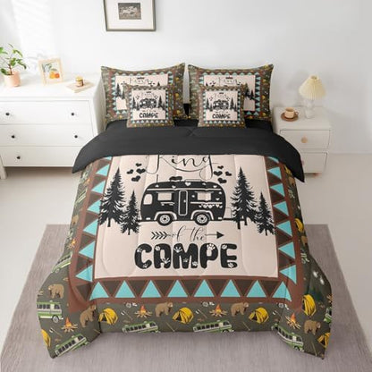 Erosebridal Camping 7 Piece Bedding Set Twin for Teens Adult Camper Bedding,Rustic Farmhouse Style Comforter Set Bed in a Bag Happy Camping Black Sketch Drawing Duvet Insert Travel Car Sheet Set