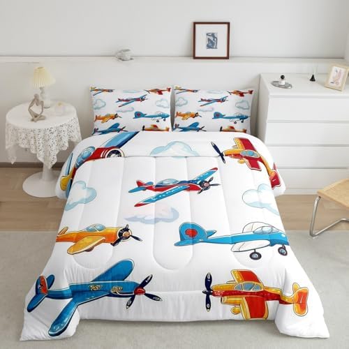 Erosebridal Colorful Aircraft Comforter Set Full, Cartoon Propeller Plane Airplane Bedding Set, Aviation Theme Comforter for Boys Kids Girls Teens Adults Child Bedroom, White Cloud Quilt