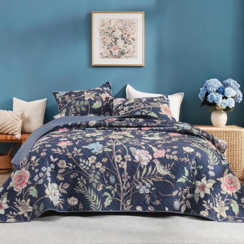 Litanika Floral Ocean Blue Quilt King - 3Pcs Botanical Birds Bedding Set