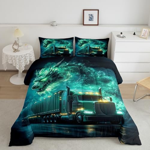 Western Dragon Kids Comforter Set Twin Size,Truck Vehicle Car Smoke Trippy Bedding Set,Girls Boys Room Decor,Chinese Dragon Magical Quilt Comforter,Black Retro Duvet Insert,1 Pillowcase