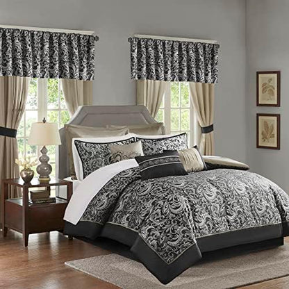 Madison Park Essentials Brystol 24 Piece Room in a Bag Faux Silk Comforter Jacquard Paisley Design Matching Curtains Down Alternative All Season Bedding-Set, Black 24 Piece, King(104 in x 92 in)