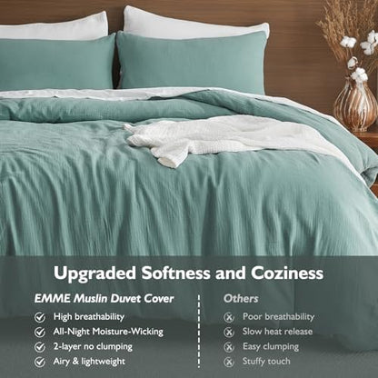 EMME Muslin Cotton Duvet Cover Set Linen Like Teal King