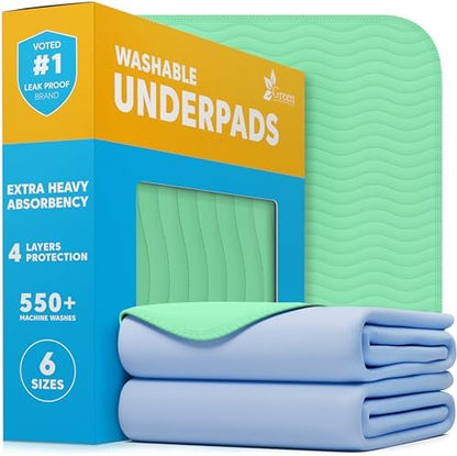 GREEN LIFESTYLE® Washable Underpads - Heavy Absorbency Reusable Bedwetting Incontinence Pads for Kids, Adults, Elderly, and Pets - Toddler Mattress Pads for Bed, Sofa, Floor (Pack of 2 - 34x36)
