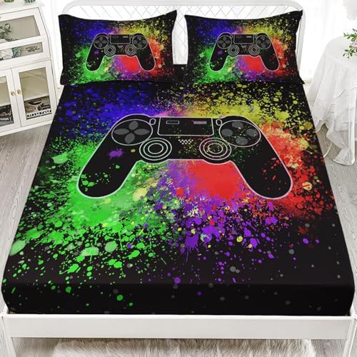 HOSIMA Gamepad Print Gamer Bedding Full Size,1 Fitted Sheet+2 Pillowcases.