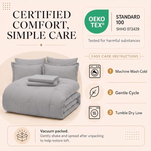 CozyLux Queen Comforter Set French Grey, 7 Pieces Bed in a Bag