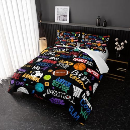 Nttopship Sports Ball Queen Comforter Set,Football Rugby Basketball Bedding Set for Kids Boys Girls Youth Ball Sports Themed Bedroom Decor Bedding Set 3 Pcs Bed in A Bag (1 Comforter, 2 Pillow Case)
