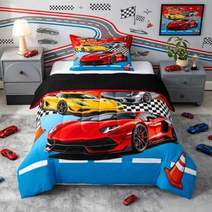 Feelyou Boys Race Car Bedding Set Soft for Boys Girls, Speed Sports Car Comforter Set Toddler Size Racing Duvet Quilt Microfiber Extreme Sports Bedroom Decor Automobile 2 Pcs with 1 Pillow Cases