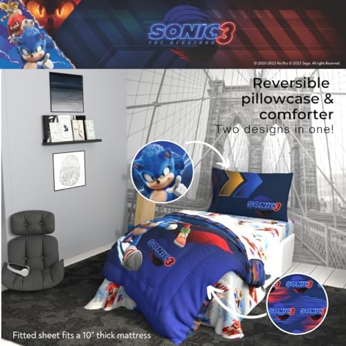 Sonic The Hedgehog 3 Movie Kids Bedding Super Soft Comforter and Sheet Set, 4 Piece Twin Size, (Officially Licensed Product) By Franco