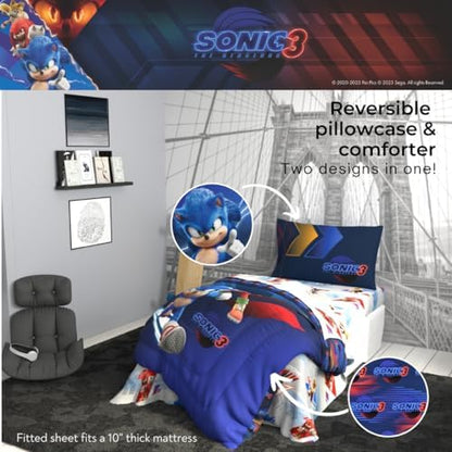 Sonic The Hedgehog 3 Movie Kids Bedding Super Soft Comforter and Sheet Set, 4 Piece Twin Size, (Officially Licensed Product) By Franco