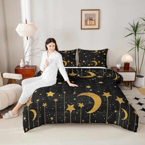 Homewish Starry Sky Full Size Comforter Set,Stars and Moon Bedding Set for Adults Teens,Children Gold and Black Comforter Luxury Galaxy Quilt Set Room Decor 3Pcs