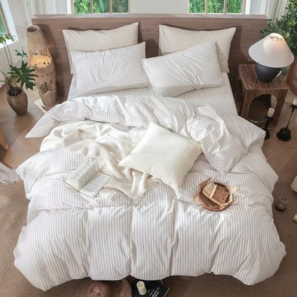 MooMee Striped Duvet Cover Set 100% Washed Cotton Linen Like Oversized King