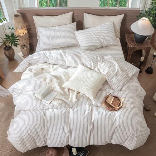 MooMee Striped Duvet Cover Set 100% Washed Cotton Linen Like Super Queen