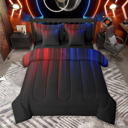 Feelyou Neon Blue Red Queen Comforter Set with Sheets for Kids Boys Girls Geometric 7 Pieces Bedding Set Ombre Bed in a Bag Room Decor Soft Lightweight Microfiber