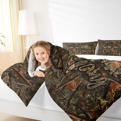 Manfei Camo Camping Kids Comforter Set Full Size,Camper Travel Bedding Set,Rustic Dead Branch Down Comforter,Brown Farmhouse Duvet Insert,3pcs,2 Pillowcases,Adults Home Bedroom/RV Trailer Decor