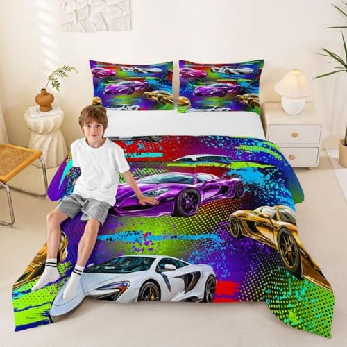Feelyou Boys Sports Car Comforter Set King Size Racing Car Bedding Set for Kids Boys Girls Extreme Sports Duvet Quilt Automobile Bedroom Decor Microfiber 3 Pcs with 2 Pillow Cases