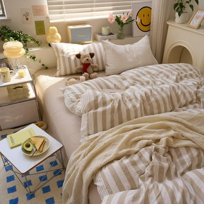VM VOUGEMARKET Kids Teens Twin Duvet Cover Set Khaki Striped Bedding Set Khaki White Stripes Duvet Cover with 2 Pillowcases Soft Lightweight Microfiber Farmhouse Comforter Cover-68 x86