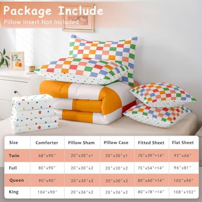 Feelyou Checkered Retro 7 Piece Bedding Set Teen Women Men Rainbow Colorful Plaid Comforter Set with Sheets Full Size Kids Boys Geometric Vintage Bed in a Bag Modern Groovy Aesthetic Room Decor