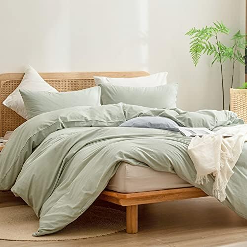 BESTOUCH Cotton Solid Duvet Cover Set Linen Feel Sage Green California King
