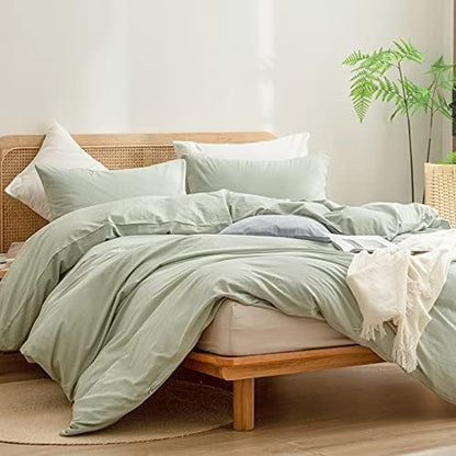 BESTOUCH Cotton Solid Duvet Cover Set Linen Feel Sage Green Super Queen