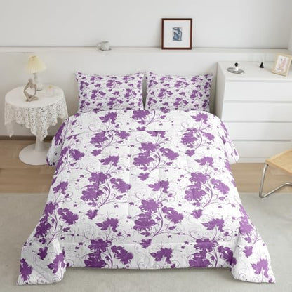 jejeloiu Purple Flower Comforter Set Queen Size Kids Floral Bedding Set for Boys Girls Teens Botanical Duvet Breathable Minimalist Aesthetics Quilt Bedroom Decor,1 Comforter with 2 Pillowcase