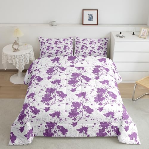 jejeloiu Purple Flower Comforter Set Full Size Kids Floral Bedding Set for Boys Girls Teens Botanical Duvet Breathable Minimalist Aesthetics Quilt Bedroom Decor,1 Comforter with 2 Pillowcase