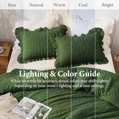 JOLLYVOGUE Dark Green Twin/Twin XL Comforter Set, 2 Pieces Seersucker Lightweight Fluffy Bedding Set, Twin Ruffle Comforter, All Season Soft Microfiber Shabby Chic Bed Set