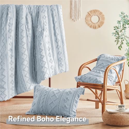 MR&HM 7 Pieces Comforter Set Full, Tufted Boho Farmhouse Bed Set Dusty Blue