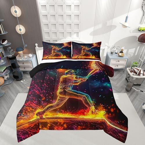 Castle Fairy Teens Basetball Player Comforter Set Queen Size,Neon Sky Bedding Set for Kids Boys Girls Bedroom Decoration,Sports Baseball Bed Duvet Insert,Ball Games Lover Comforter with 2 Pillowcases