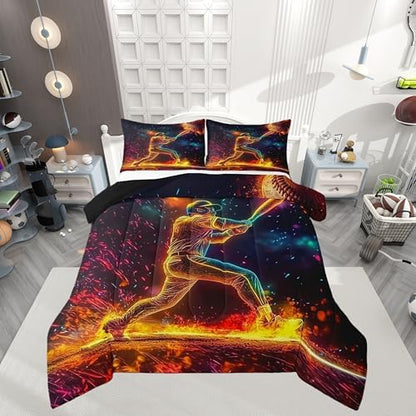Castle Fairy Teens Basetball Player Comforter Set Queen Size,Neon Sky Bedding Set for Kids Boys Girls Bedroom Decoration,Sports Baseball Bed Duvet Insert,Ball Games Lover Comforter with 2 Pillowcases
