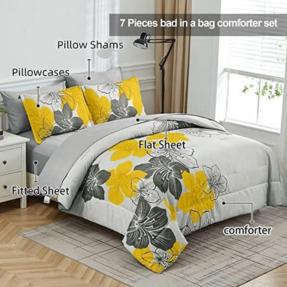 Yellow King Size Comforter Set, 7 Pieces Yellow Floral on Gray Bed in a Bag