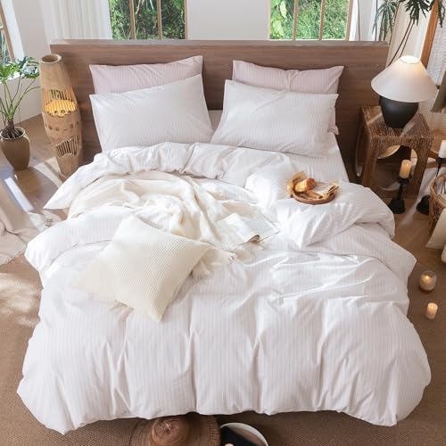 MooMee Striped Duvet Cover Set 100% Washed Cotton Linen Like Queen