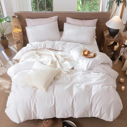 MooMee Striped Duvet Cover Set 100% Washed Cotton Linen Like Queen
