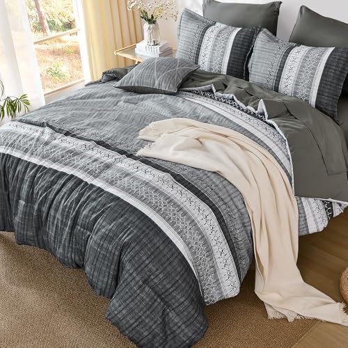 Dintszyayue Grey King Comforter Size Set, 8 Pieces Striped Texture Bed in a Bag Bedding Sets, Lightweight Soft Comforter and Sheet Set, All Season Microfiber Teen Boys Bedding Sets for Men Women