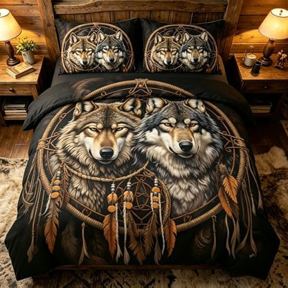 CCoutueChen Wolf Bedding Set King Size - Western Animal Print Comforter with Boho Dreamcatcher Pattern - 3Pieces Wildlife Themed Bedding Set for All Season,Black Brown/104 * 90
