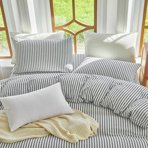 Striped Duvet Cover Set Queen Size 3 Pcs 100% Washed Cotton Linen Feel Bedding Set Soft Breathable (Queen, Classic Stripe-Dark Grey/White)