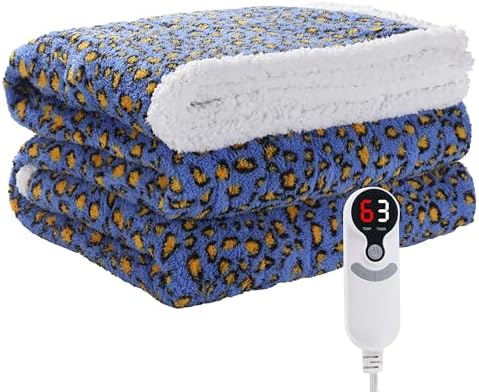 Electric Heated Blanket Full Size 72"×84" with 9 Heating Levels & 1-10Hs Auto Off, Plush Sherpa, Energy Efficient, Machine Washable, for Couch & Bed, Gifts for Grandma Leopard Print Blue & Yellow