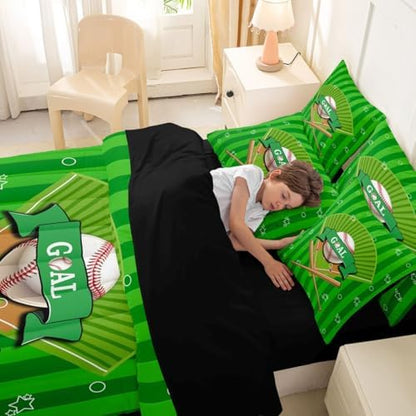 Erosebridal Boys Baseball Gaming Pattern Boys Kids Green King 7-Piece Comforter Set | Ball Games Sports Theme Sheets and Pillowcases Playground Bed in A Bag Stripes Geometric Bed Sets