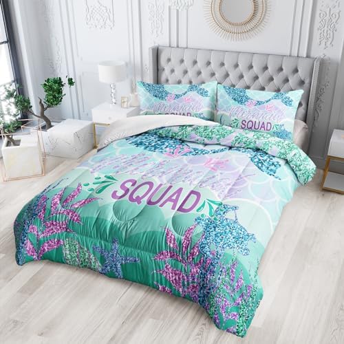 Nttopship Mermaid Tail Comforter Sets Queen Size，Bedding Sets for Kids,Mermaids Turtles Starfish Comforter Sets，Kids Room Decor with 1 Comforter with 2 Pillow Case