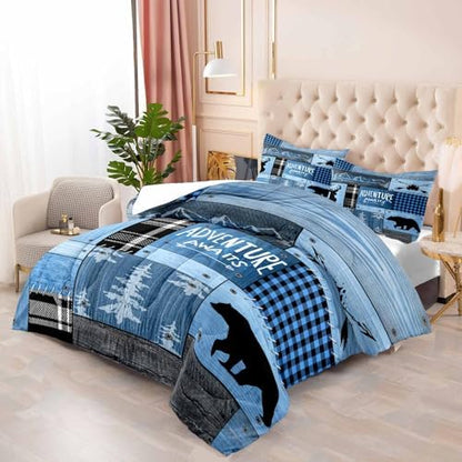 LUVIVIHOME 3PCS Rustic Cabin Comforter Set Full Size, Farmhouse Bedding, Black Bear Deer Elk Moose Forest Animal Wildlife Hunting Country Brown Patchwork White Blue Plaid Lodge Quilt, 2 Pillow Cases